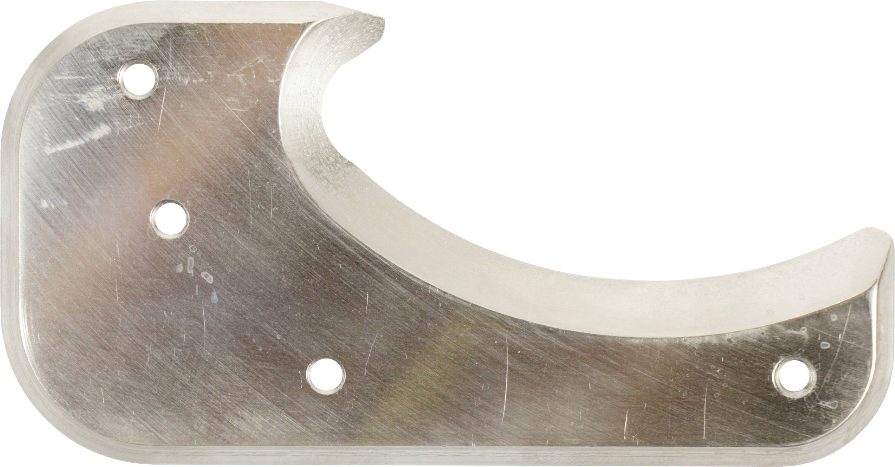 Metal piece with a curved recess and five holes, possibly part of a mechanical device or tool.
