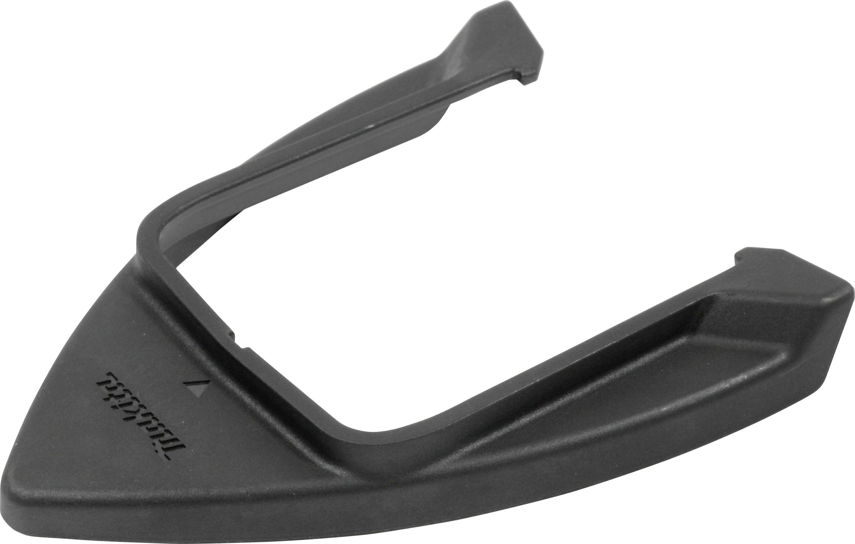 Black plastic stand in a triangular shape, used for stabilising or supporting specific items.