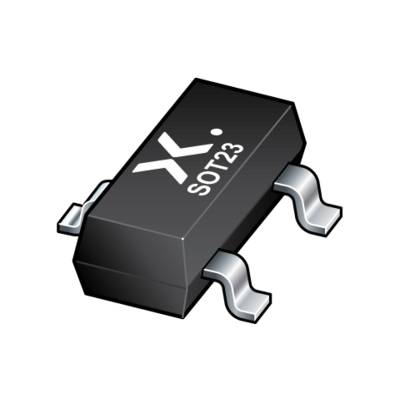 Close-up of a black SOT-23 surface-mount electronic component with three silver leads on a dark background.