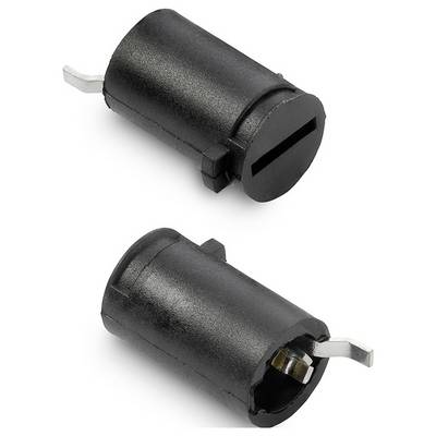 Two views of a small black cylindrical plastic connector or barrel jack adapter with metal contacts, shown on a white background.
