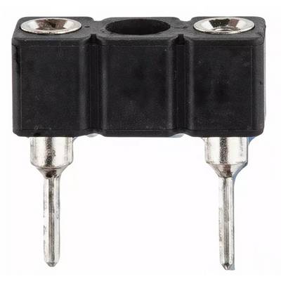 A black dual pin electronic connector with a rectangular plastic housing and two metallic pins.