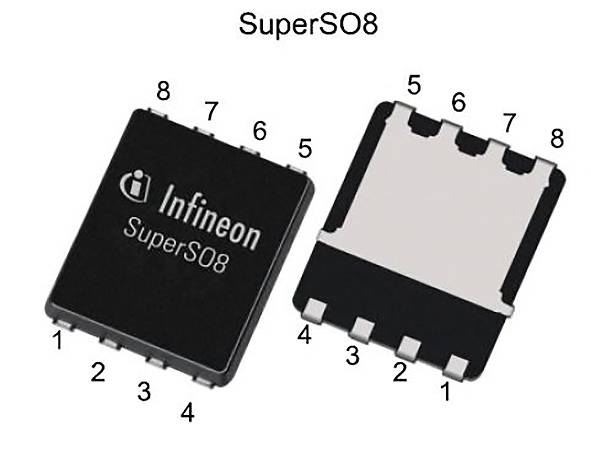 Diagram of an Infineon SuperSO8 chip package showing top and bottom views with 8 numbered pins and pin orientation.