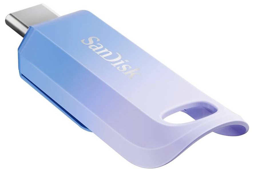 SanDisk USB stick in blue with a rounded shape and USB-C connection.