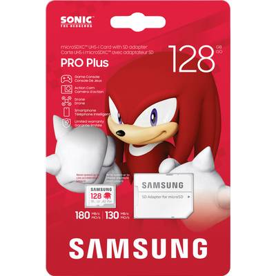 Product packaging for Samsung microSDXC 128GB Pro Plus with SD adapter. Features: 180 MB/s read, 130 MB/s write. Sonic the Hedgehog theme.