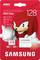 Product packaging for Samsung microSDXC 128GB Pro Plus with SD adapter. Features: 180 MB/s read, 130 MB/s write. Sonic the Hedgehog theme.