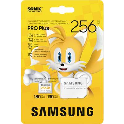 'Samsung PRO Plus 256GB SD Card with SD adapter, suitable for gaming consoles and smartphones. Read speed: 180 MB/s.'