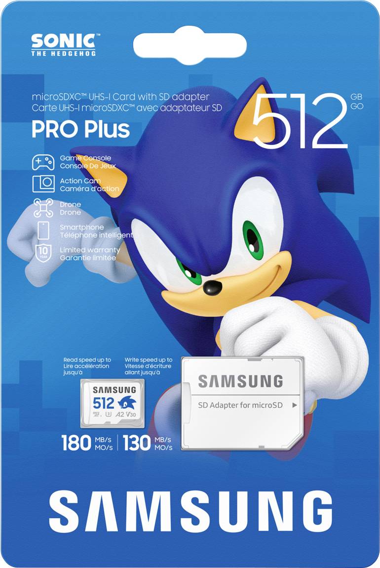 Samsung Sonic Edition - Sonic microSDXC card Retail 512 GB A2 Application Performance Class, v30 Video Speed Class, UHS-I U3 “Sonic The Hedgehog” special
