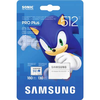 'Samsung microSDXC PRO Plus 512 GB' card packaging with Sonic the Hedgehog image. Supports 180 MB/s read speed.