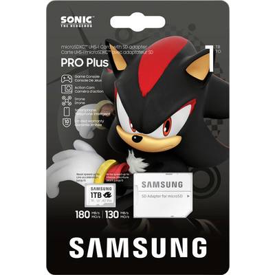 'Shadow the Hedgehog' from Sonic holds a microSD card with SD adapter by Samsung. Details: 1 TB, 180 MB/s read, 130 MB/s write.