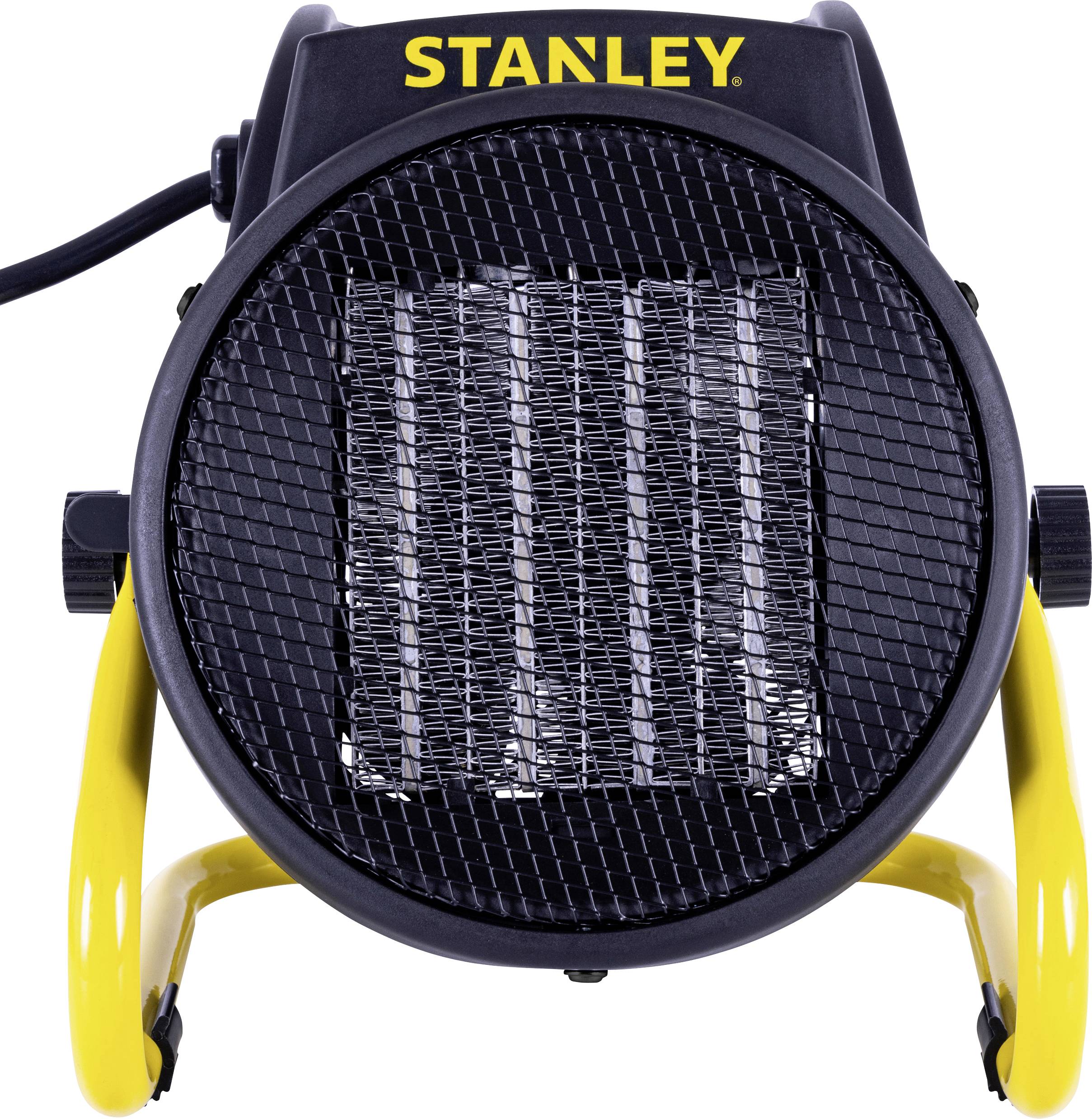 A round, portable electric heater with a black mesh front and yellow stand, branded 'Stanley', typically used for heating small spaces.