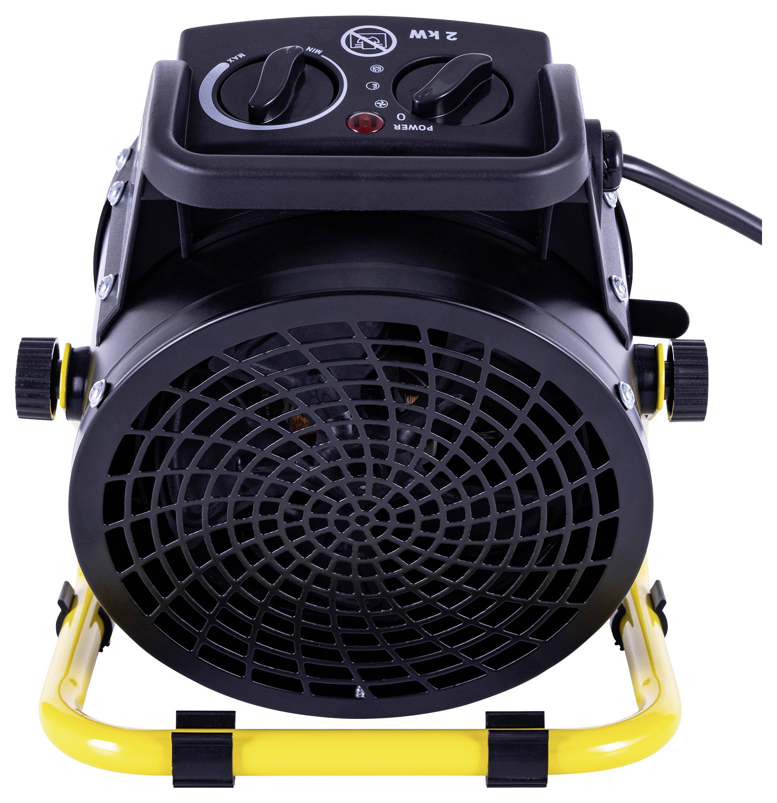 A portable black electric space heater with yellow stand, featuring control knobs for temperature and power settings on the top panel.