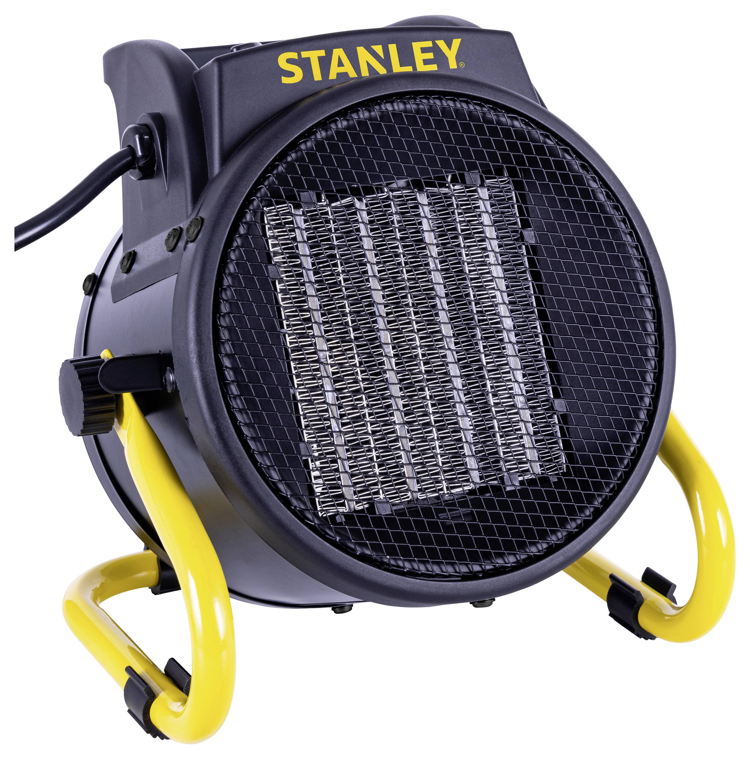 Portable electric heater with a circular mesh front and yellow stand, branded 'Stanley'. Designed for efficient personal heating.