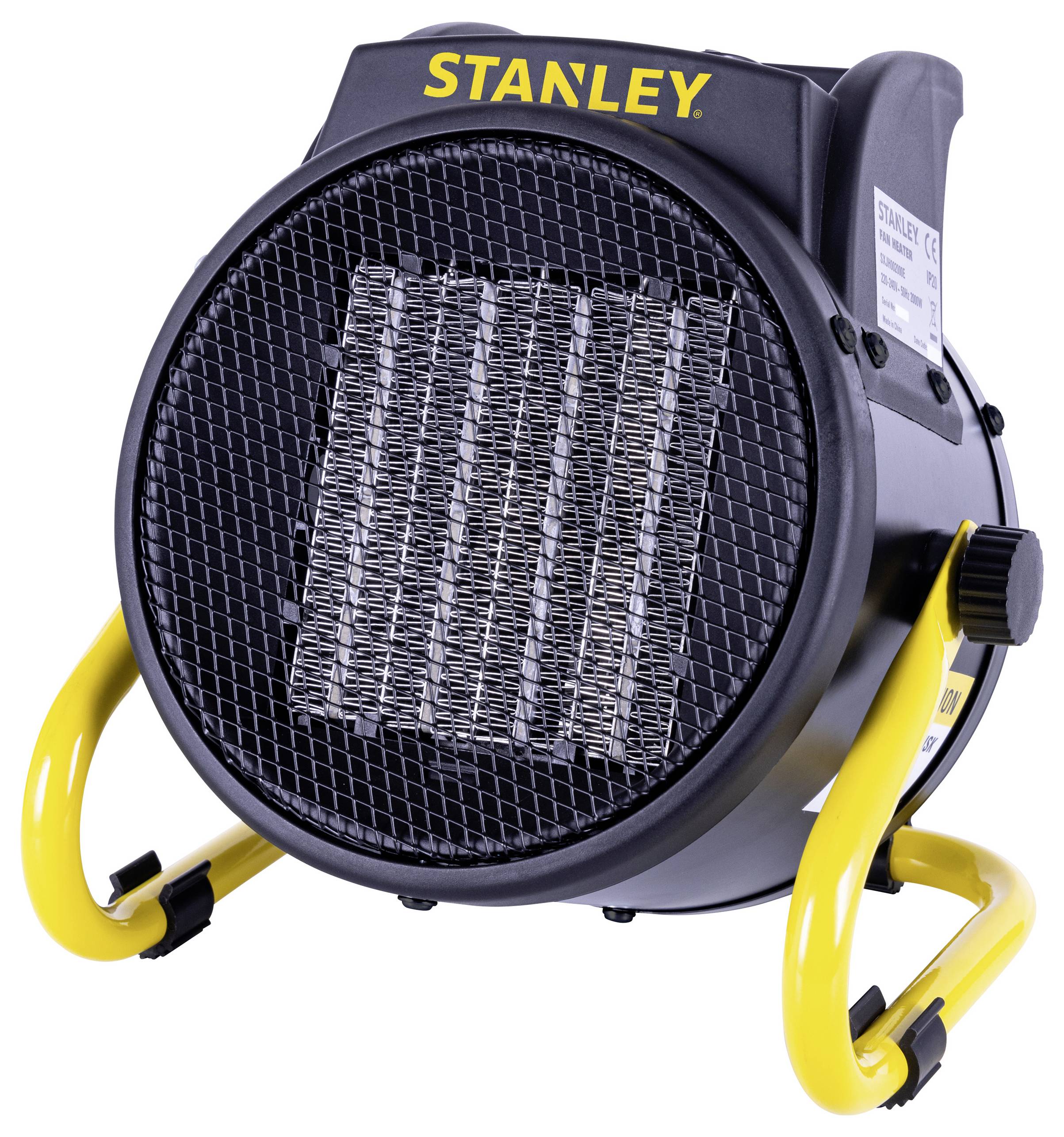 A circular, black fan heater with a metal mesh front and yellow stand, branded 'Stanley' on top, designed for portable heating.