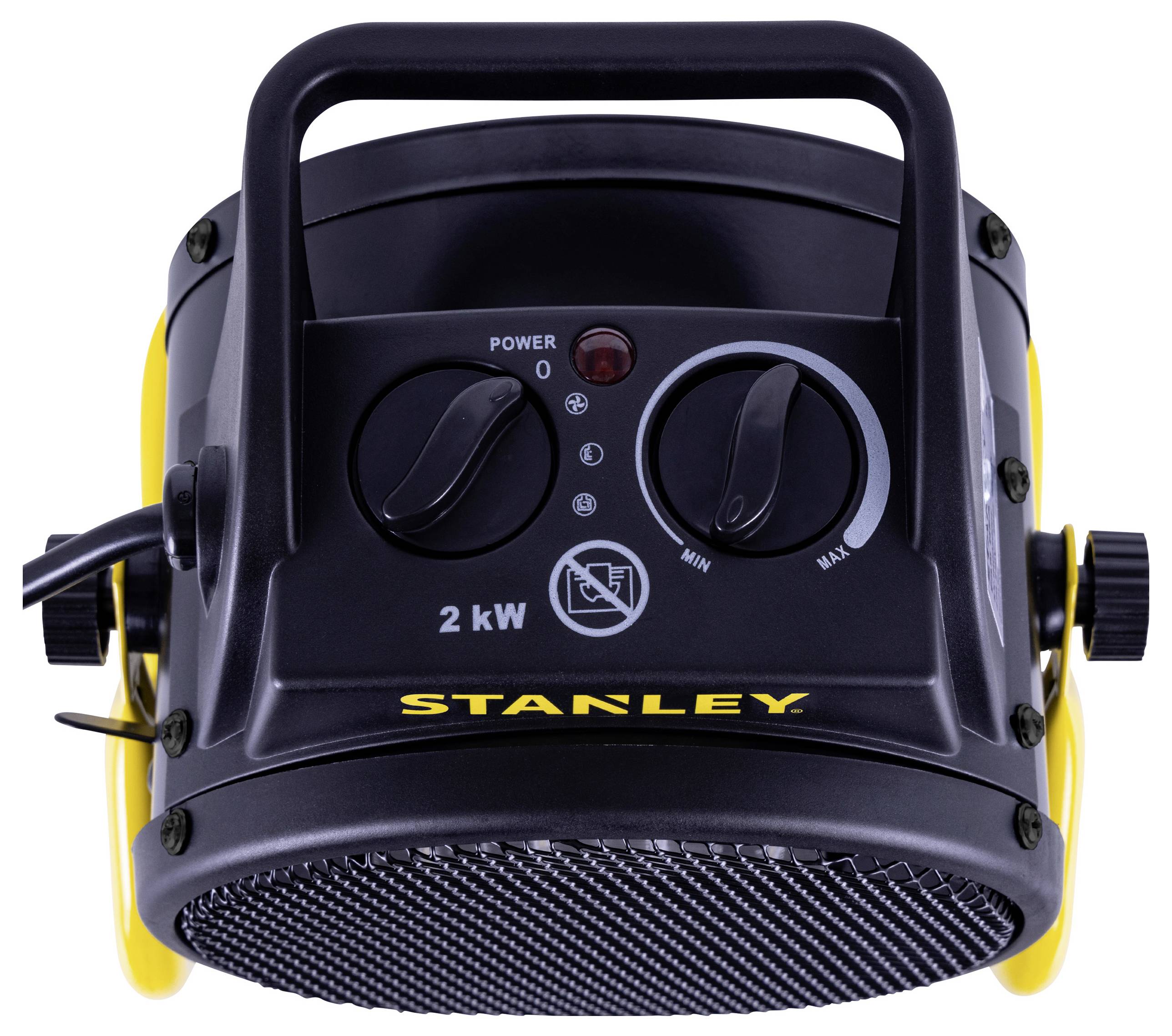 'Stanley' brand portable electric heater with control dials for power and temperature settings, shown from a top view.