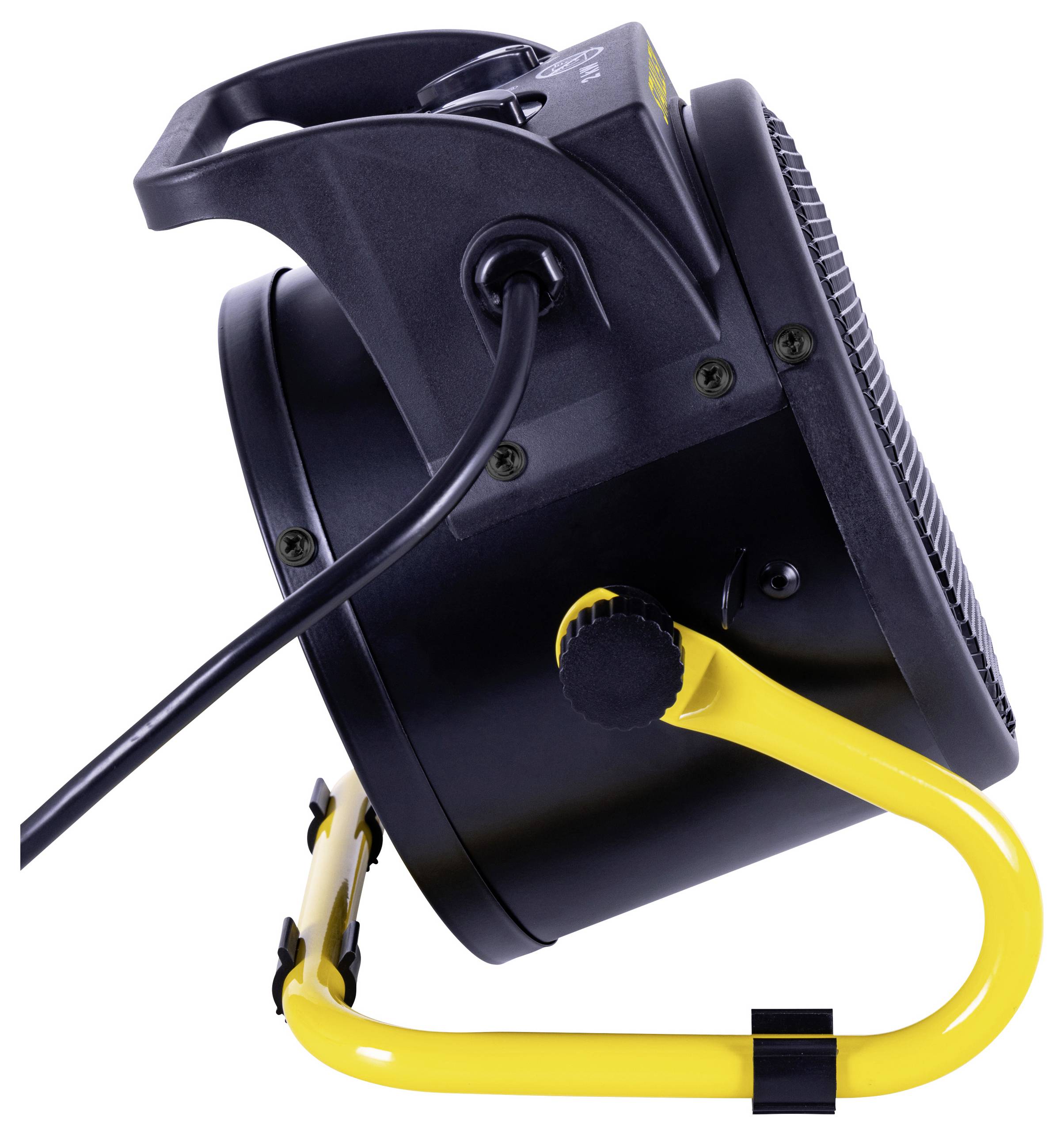 A side view of a black stage light with a yellow metal bracket stand, featuring a power cable attached at the back, on a white background.