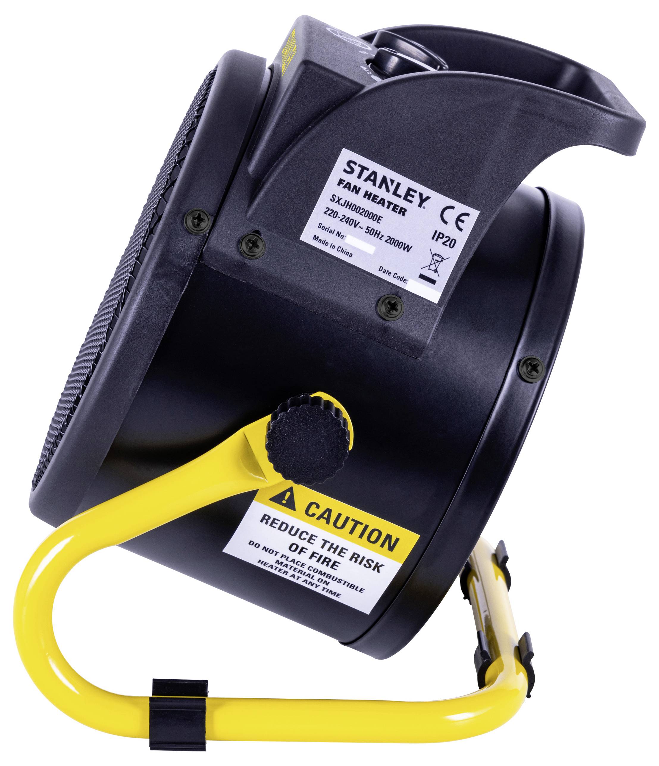 A portable Stanley fan heater with a yellow stand and caution label, designed for heating spaces efficiently and safely.