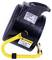 A portable Stanley fan heater with a yellow stand and caution label, designed for heating spaces efficiently and safely.