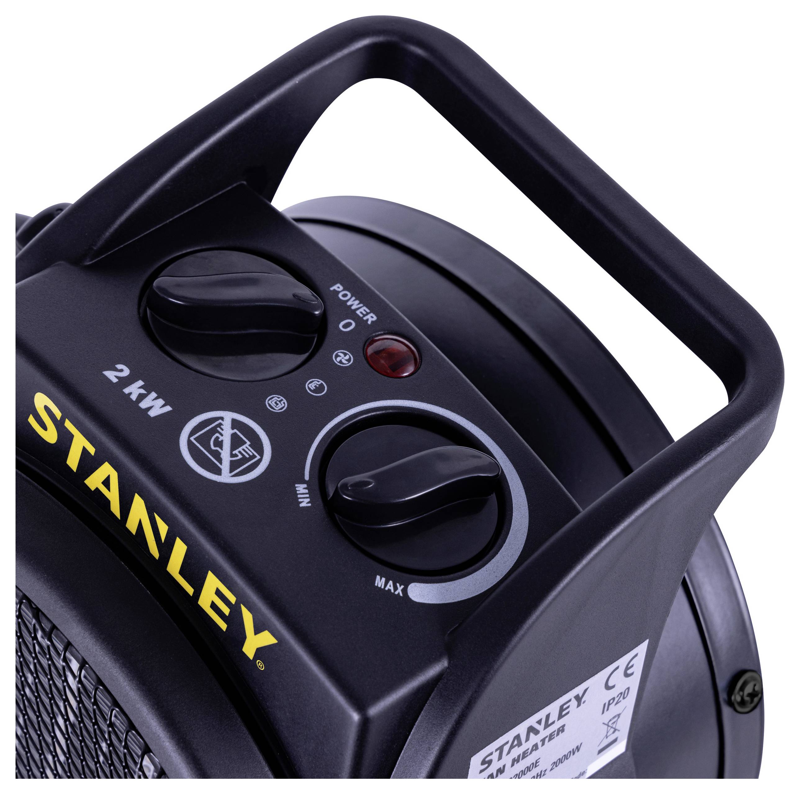 'Stanley' portable industrial heater control panel showing power dial, fan/heating modes, 2kW setting, and handle for transportation.