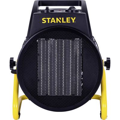 A black and yellow portable space heater with a mesh front grille, labeled 'STANLEY' on top. The heater has adjustable knobs for temperature control.