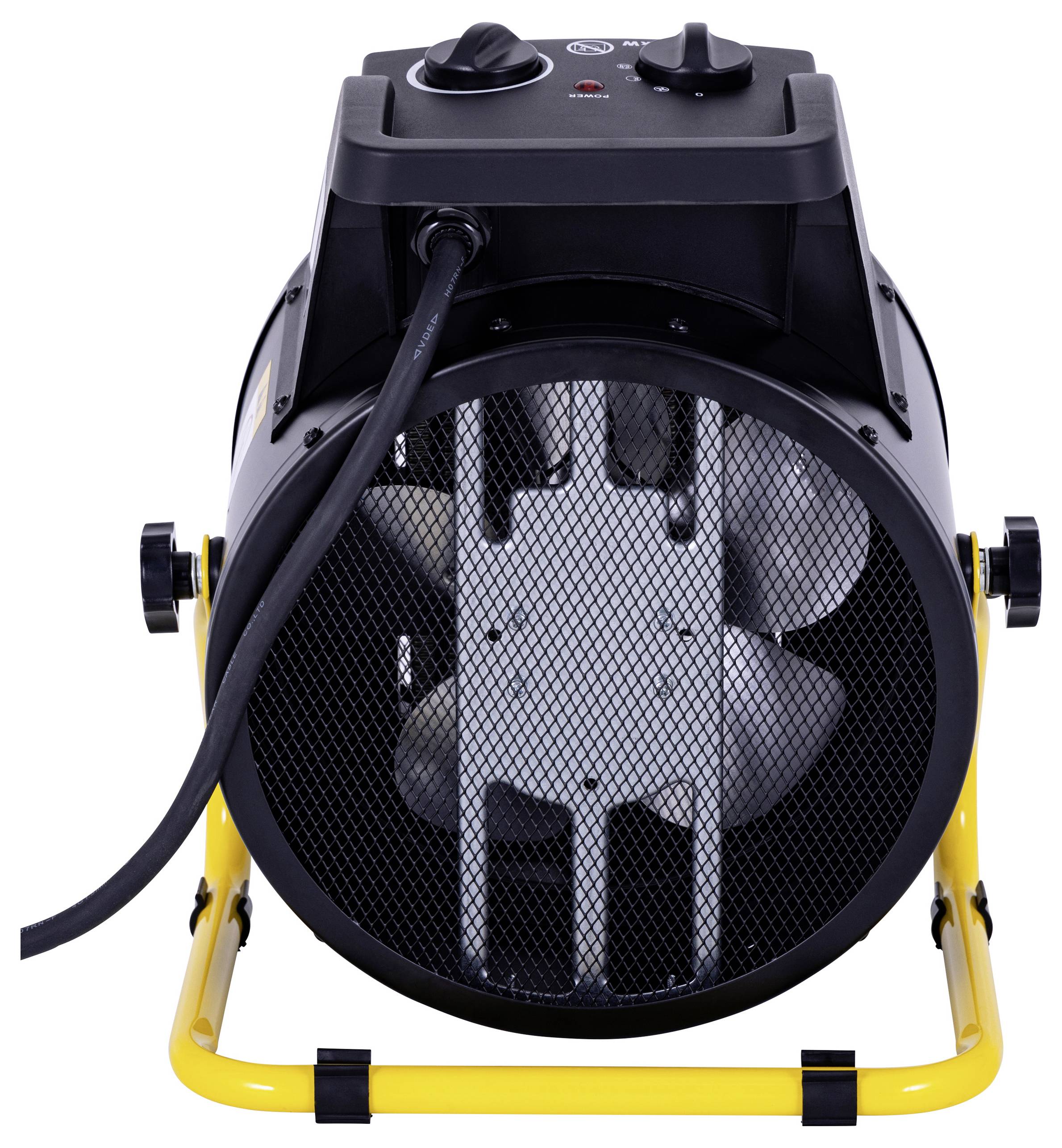Portable electric fan heater with a black body, yellow stand, and front metal grille, featuring two control knobs on top.