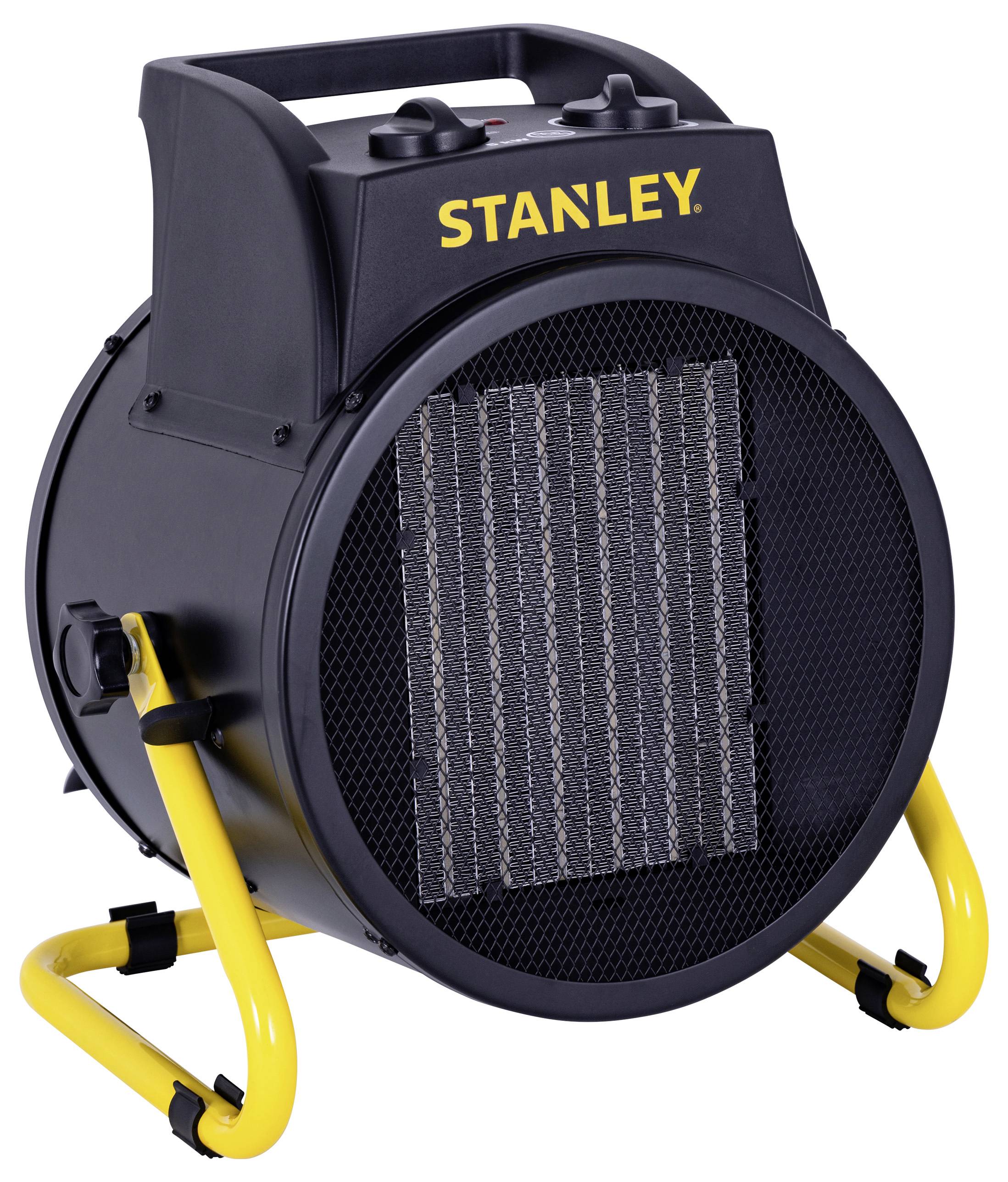 A black and yellow portable electric heater with 'STANLEY' written at the top, featuring a cylindrical body and grill front.
