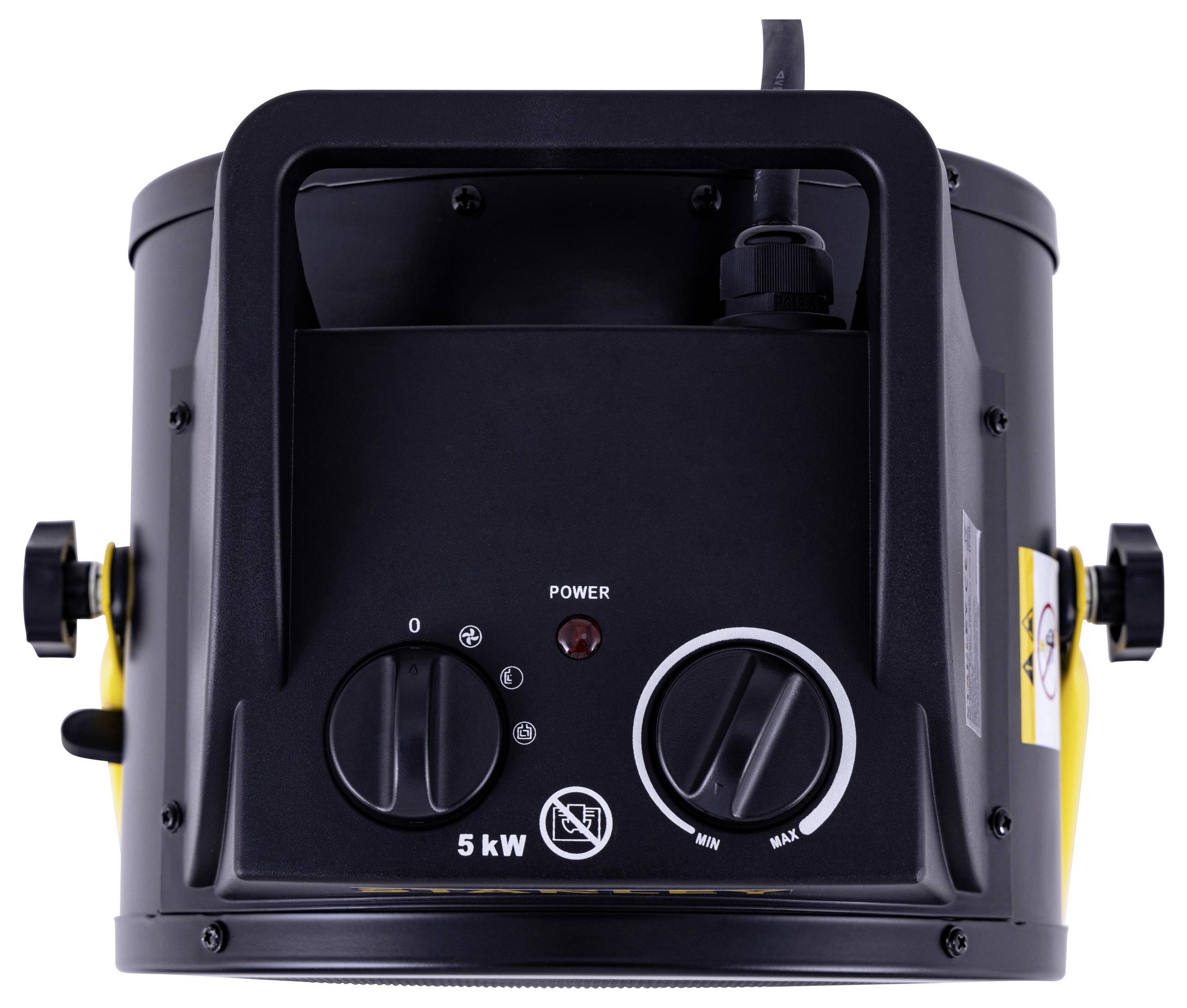 The image shows a black industrial heater with a control panel featuring two dials labeled '0' to '5 kW', a power button, and a red indicator light.