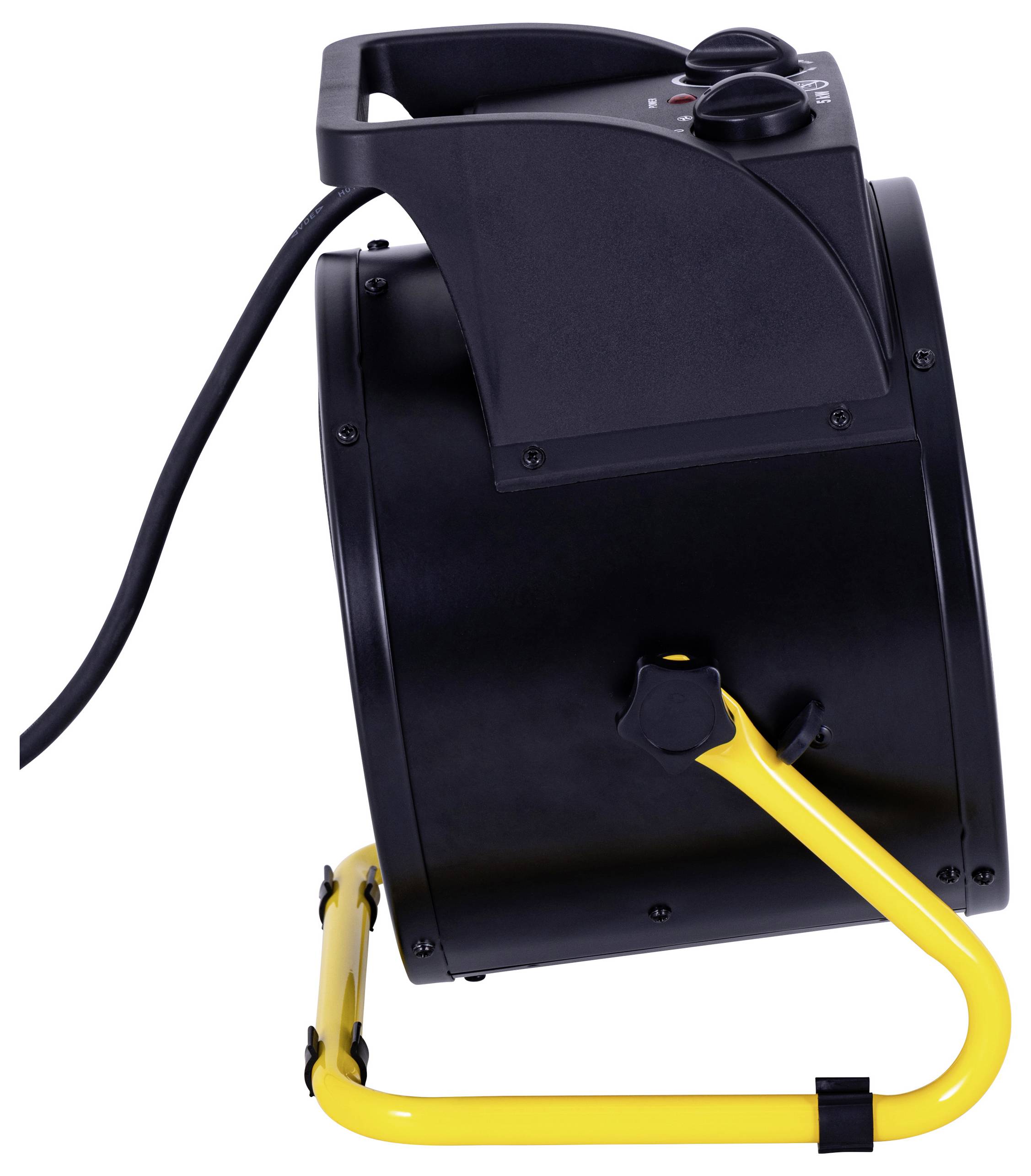 'Black and yellow portable electric fan on a yellow stand, viewed from the side, with a power cord extending from the rear.'