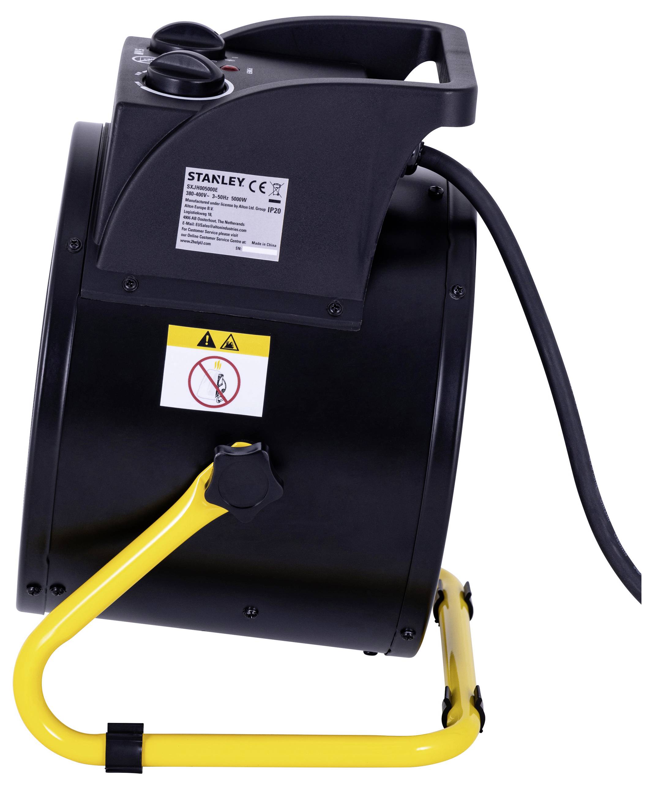 A black and yellow industrial fan heater with a control panel and power cord, set on a stand, showing a 'no smoking' warning label.