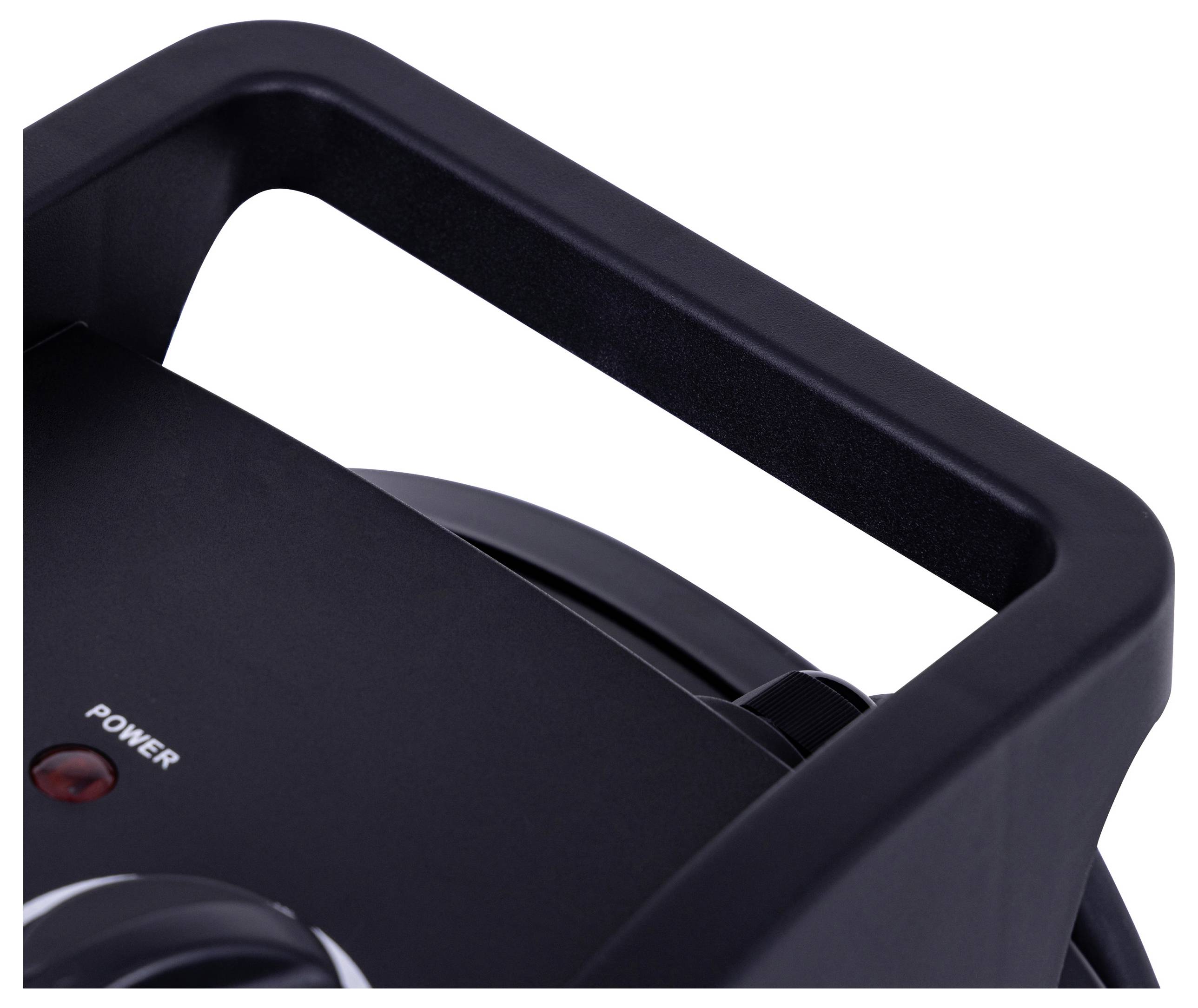 'Close-up of a black handle on an electric appliance, showing the word 'Power' and a small red indicator light.'