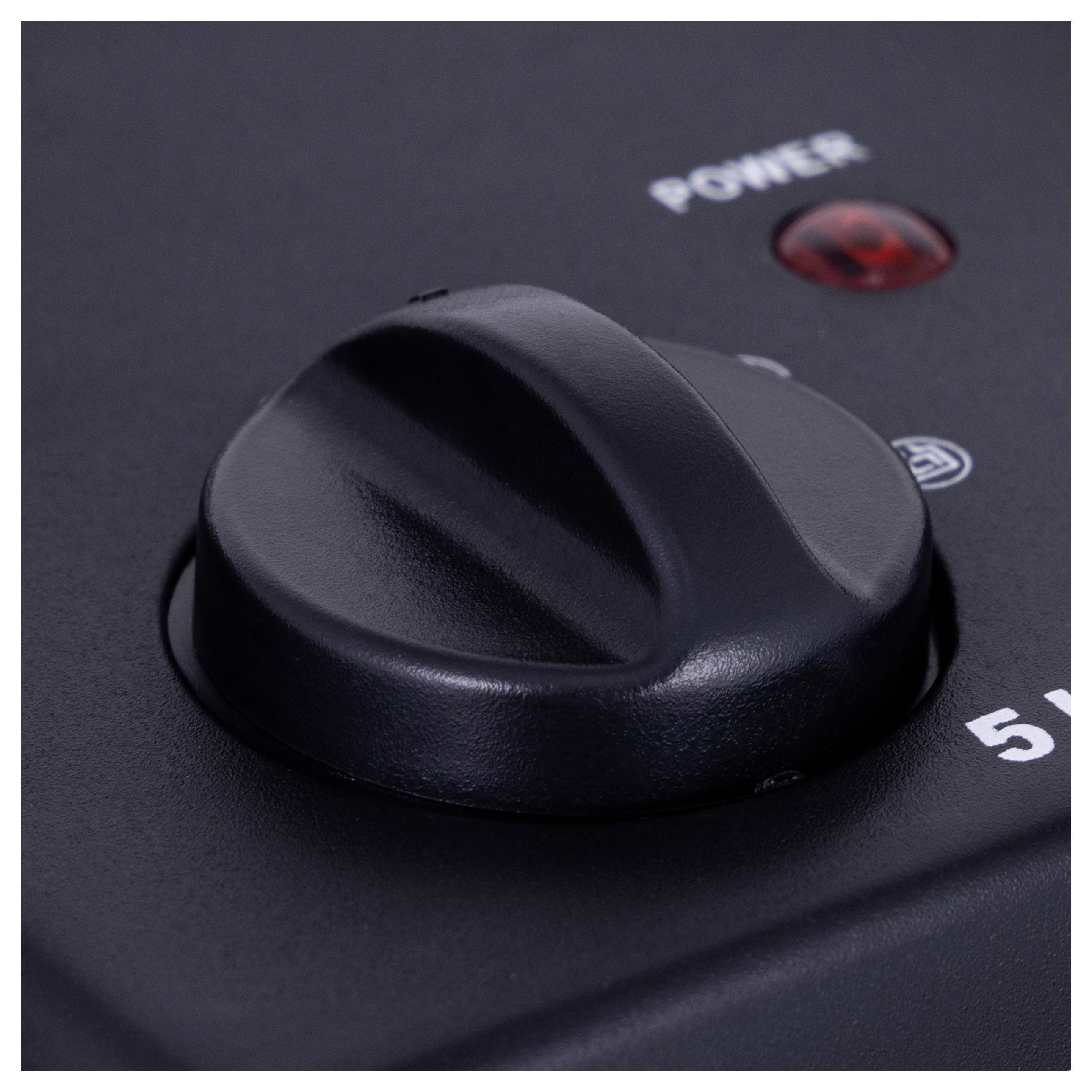 A close-up of a black control knob on an electronic device with a nearby red power indicator light labeled 'POWER'.