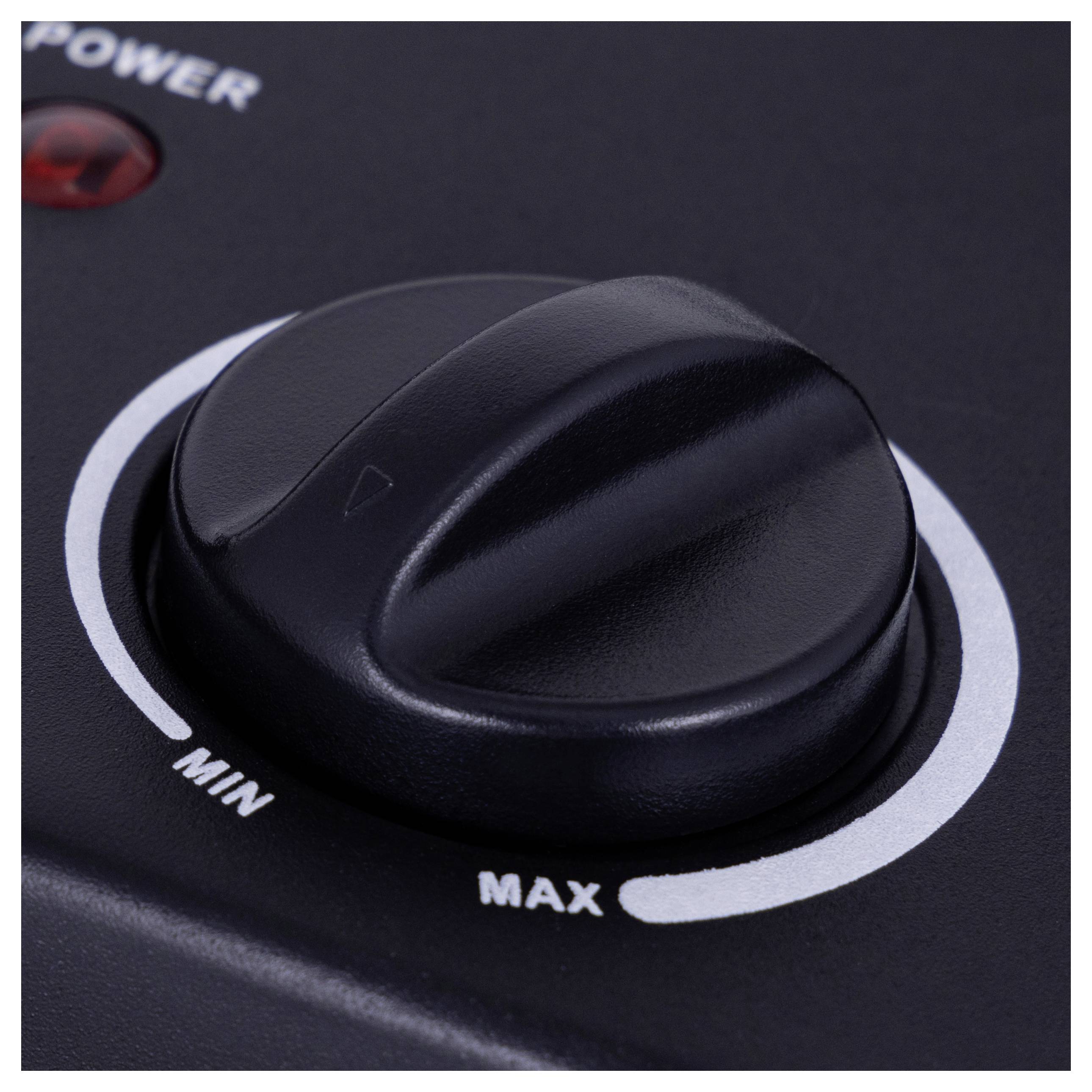 A black control knob on a device, labeled 'MIN' on the left and 'MAX' on the right, indicating adjustable power settings.