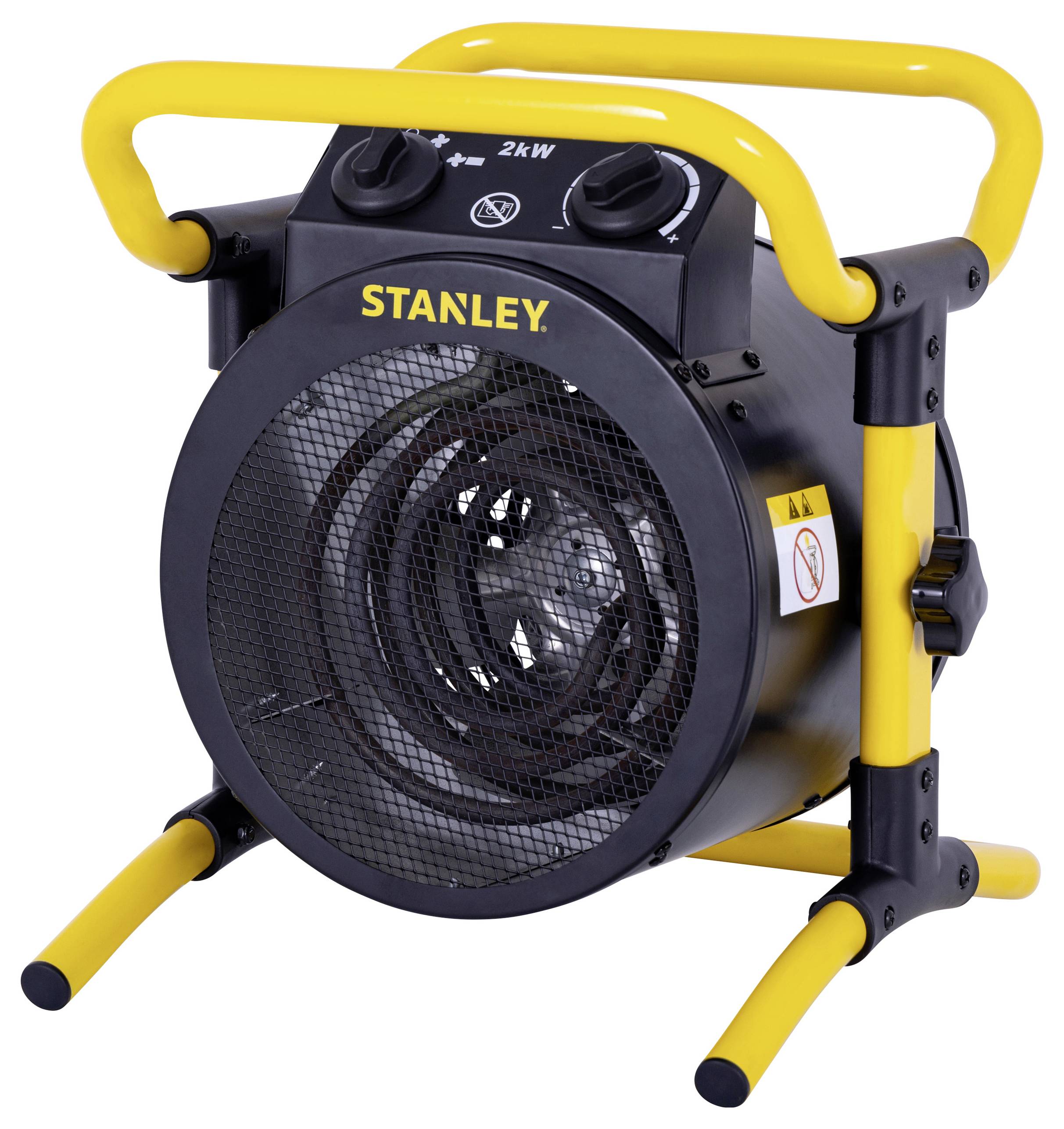 A black and yellow portable electric fan heater with the brand name 'Stanley' visible. The heater features control dials on top.