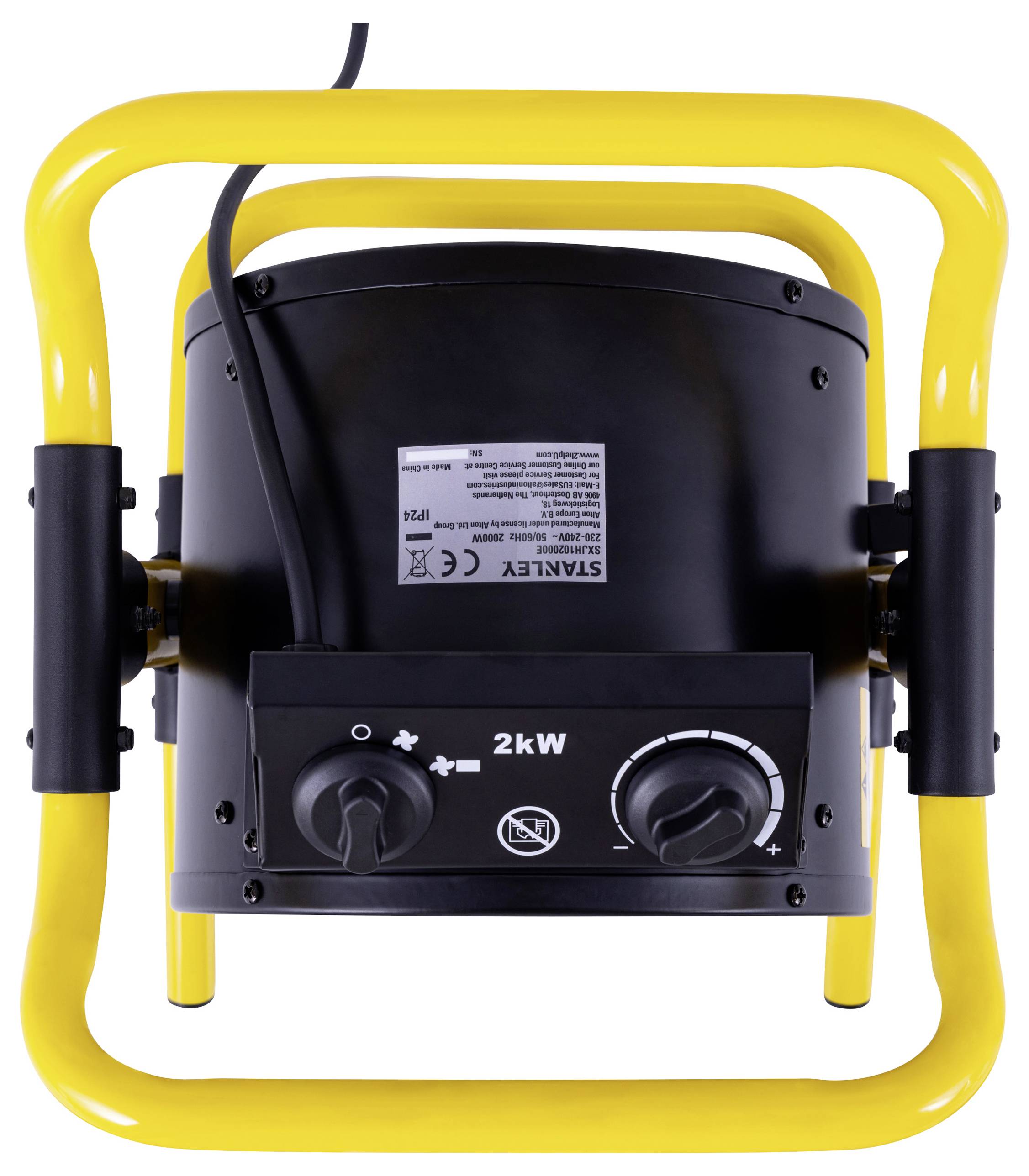 A black and yellow portable electric heater with controls displaying '2kW' and power adjustment knobs, encased in a protective frame.