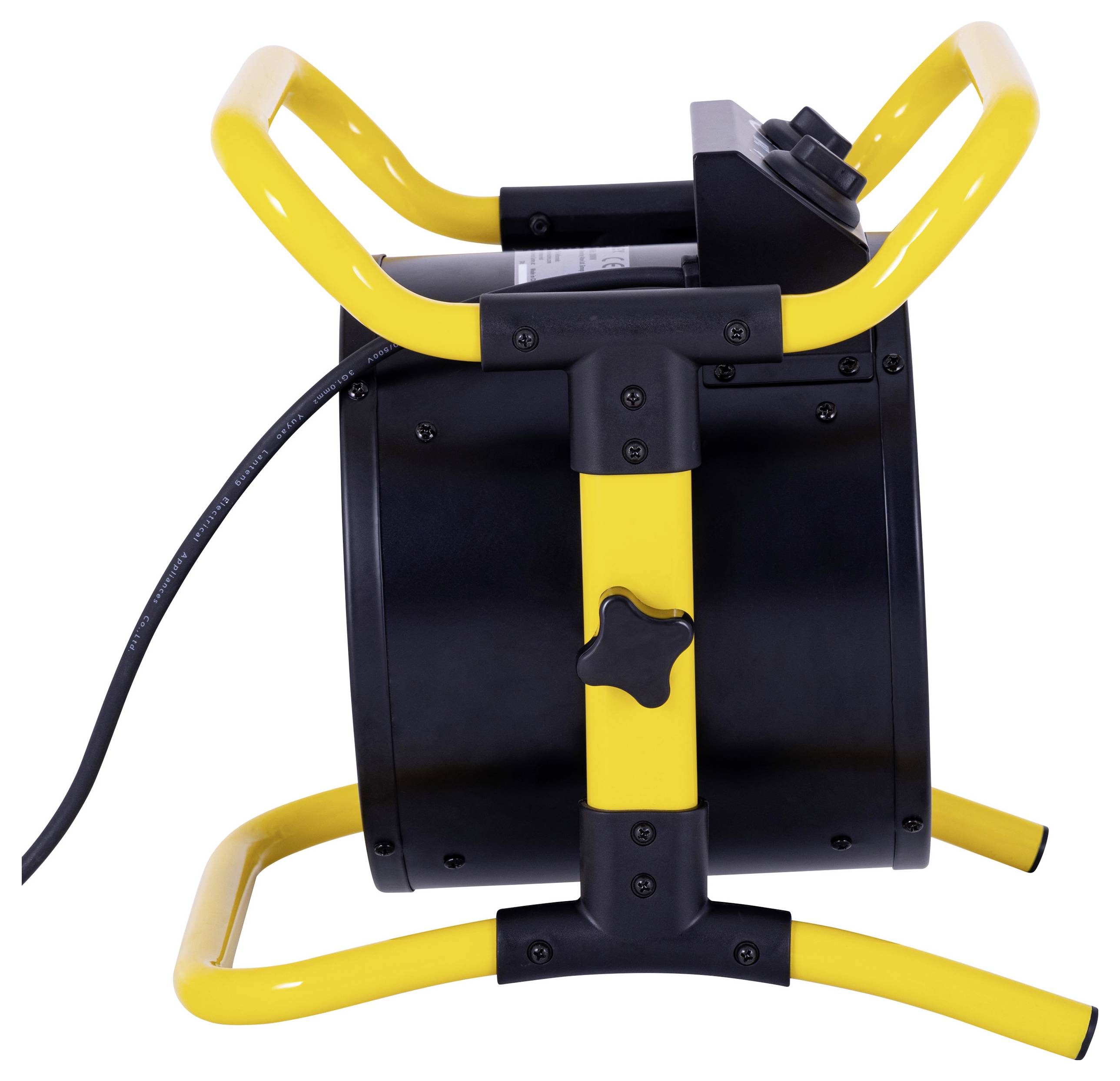 A yellow and black industrial heater with a sturdy handle and adjustable stand, showing a power cord connected to its side.