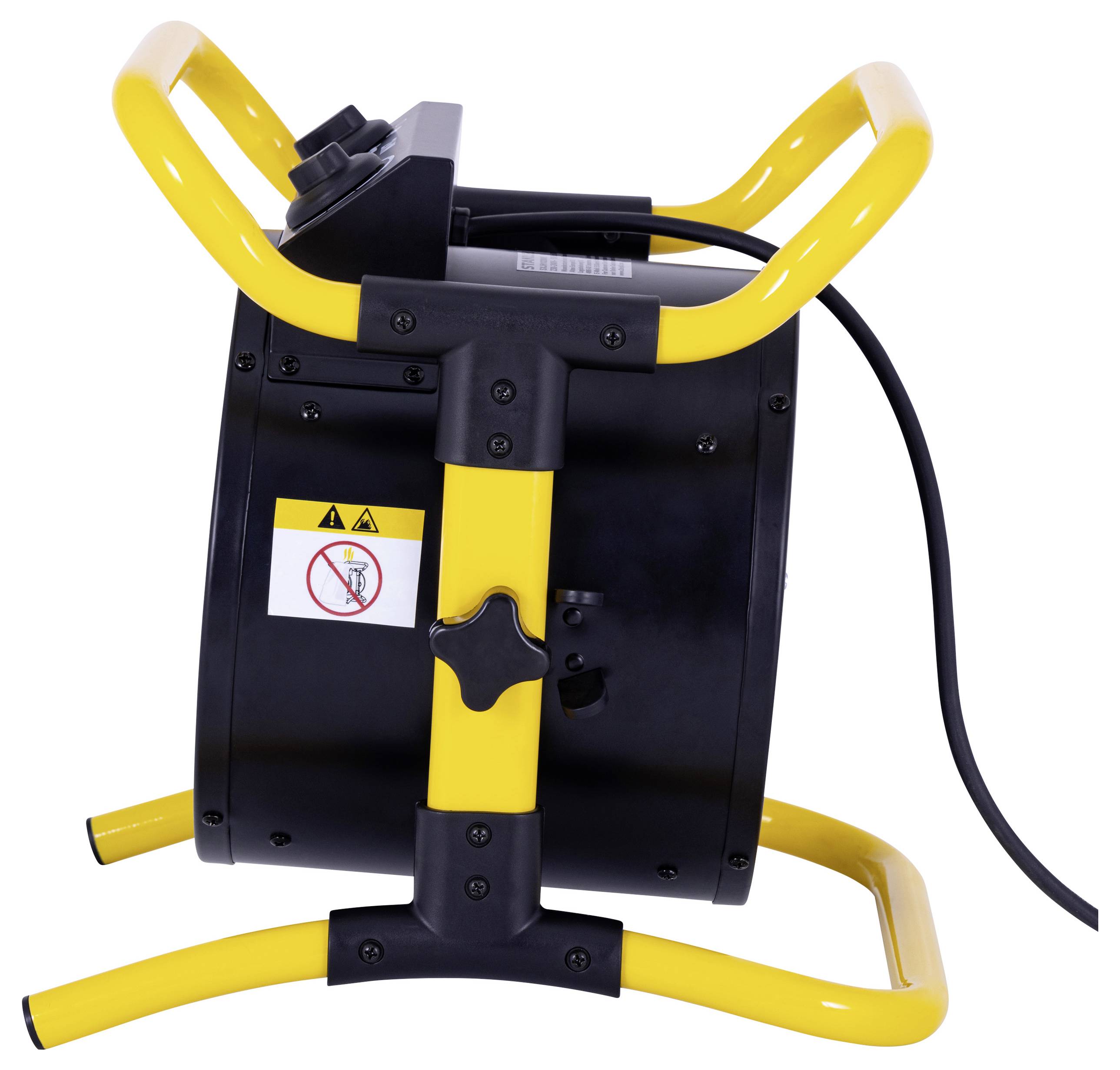 A yellow and black industrial fan with a safety warning label, depicting 'no hands' symbol, indicating caution while in use.