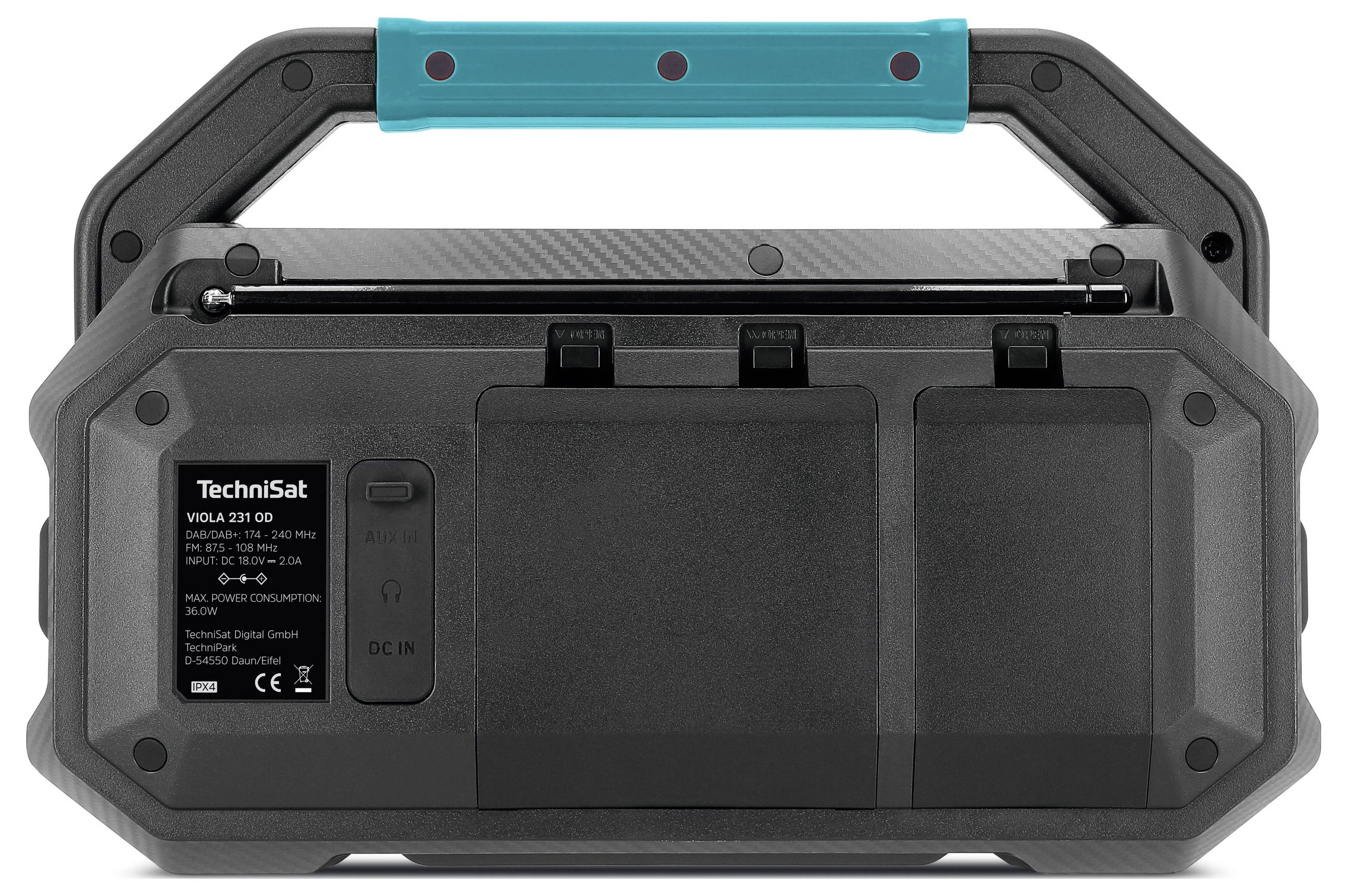 Portable radio with a robust casing and turquoise handle. Rear view shows battery compartment and technical specifications.
