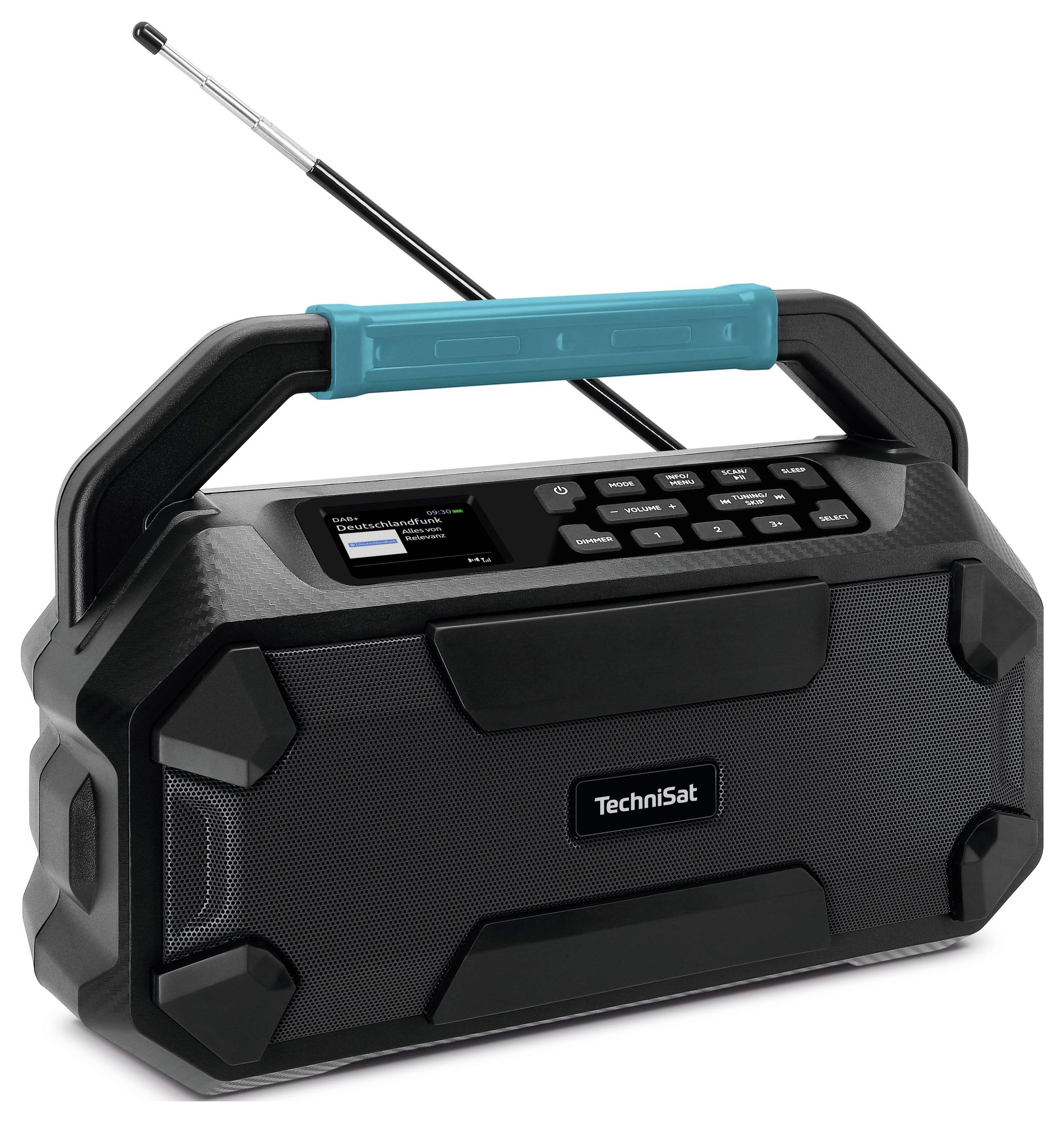 A portable digital radio in black with a blue carry handle and extendable aerial. Displays a screen and functional buttons.