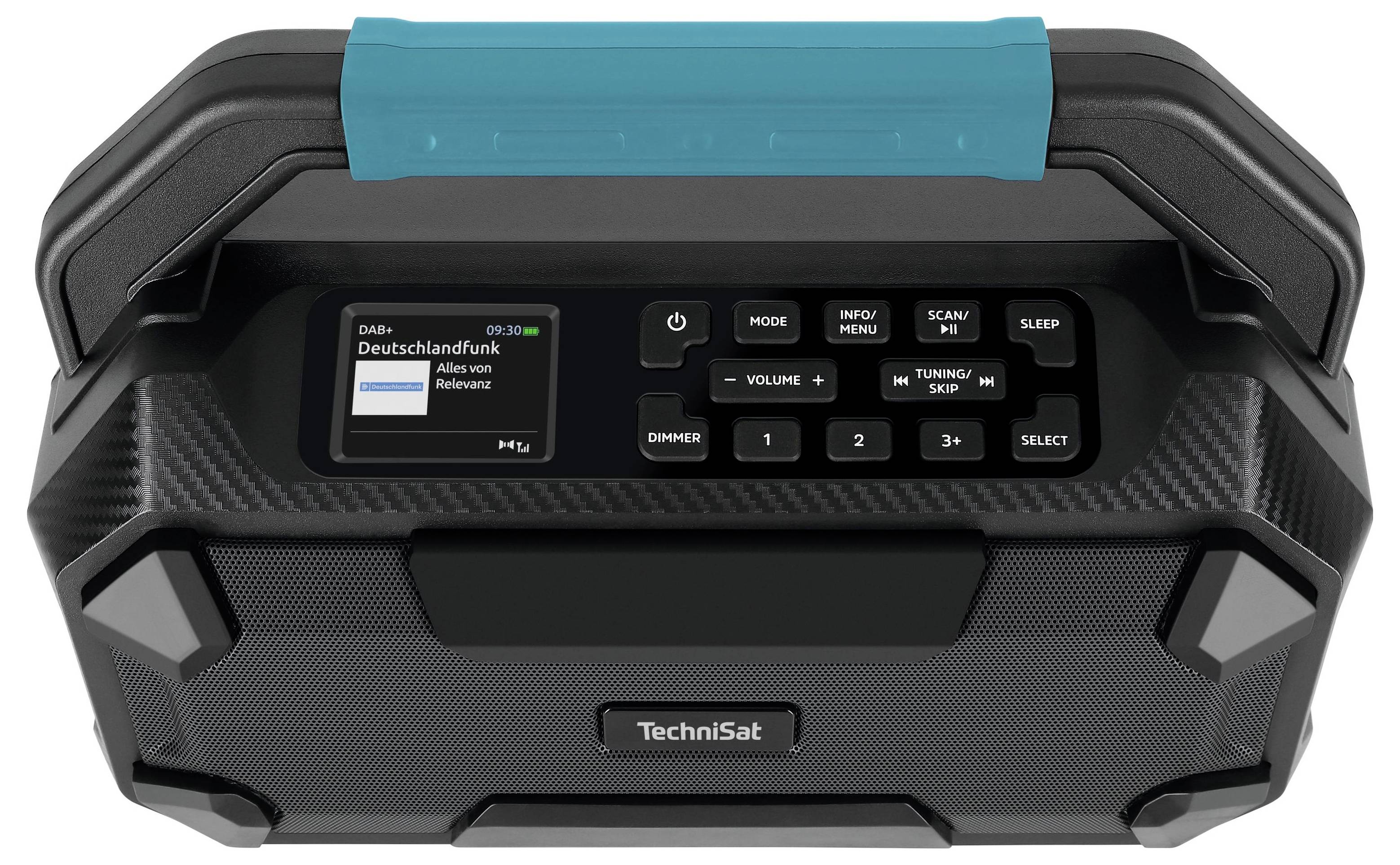 Portable TechniSat Radio in Black with Blue Handle, Display Showing 'Deutschlandfunk'. Control Buttons Beside, Robust Design.