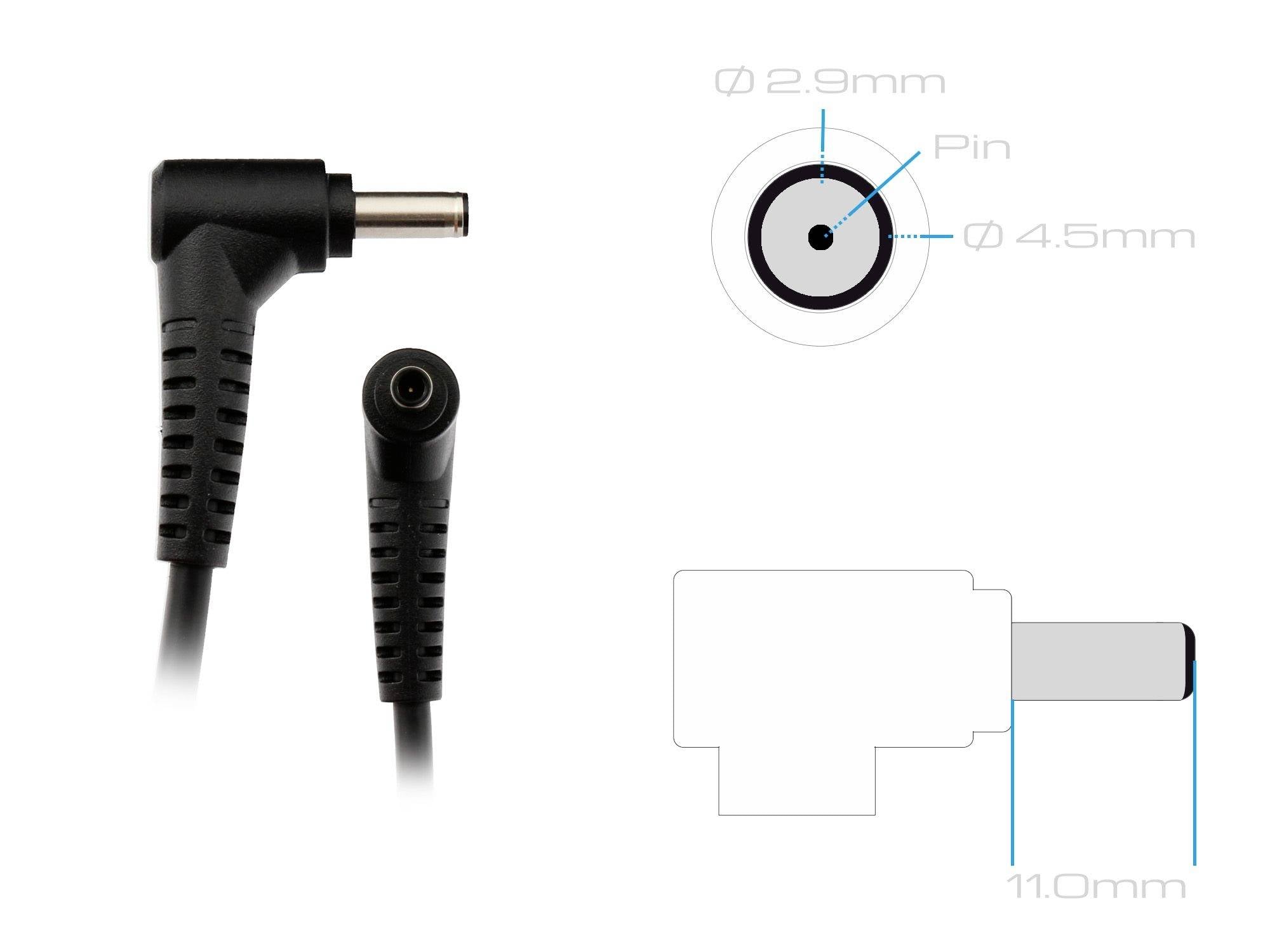 'Cable with L-shaped plug, showing plug end and cross-section diagram with dimensions: pin 2.9 mm diameter, outer ring 4.5 mm, total length 11 mm.'