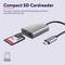 Compact SD card reader with USB-C connection, suitable for backing up photos and videos. Showing an inserted 64 GB memory card.