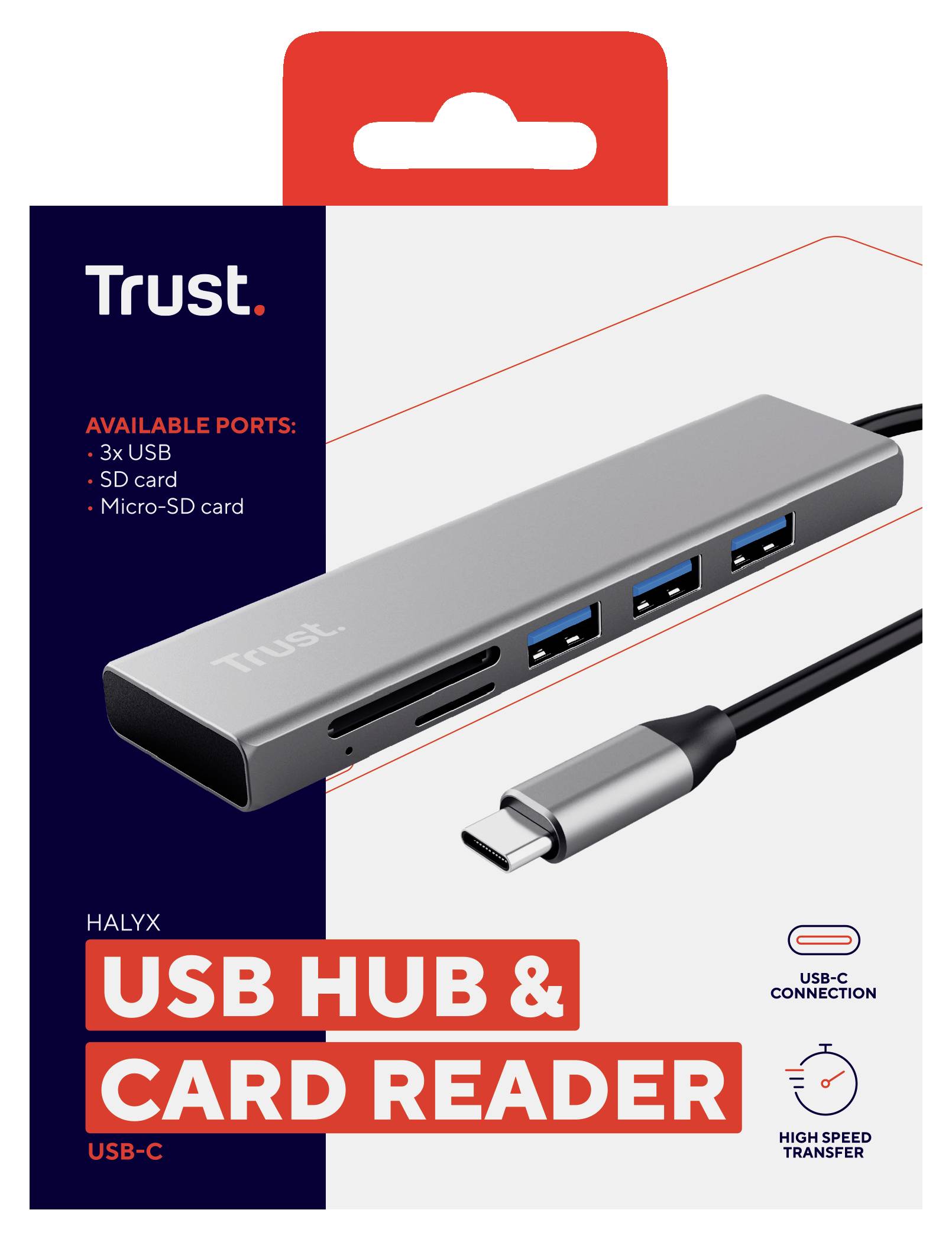 USB hub and card reader with 3 USB ports, SD and Micro-SD card slots. Fast data transfer via USB-C.