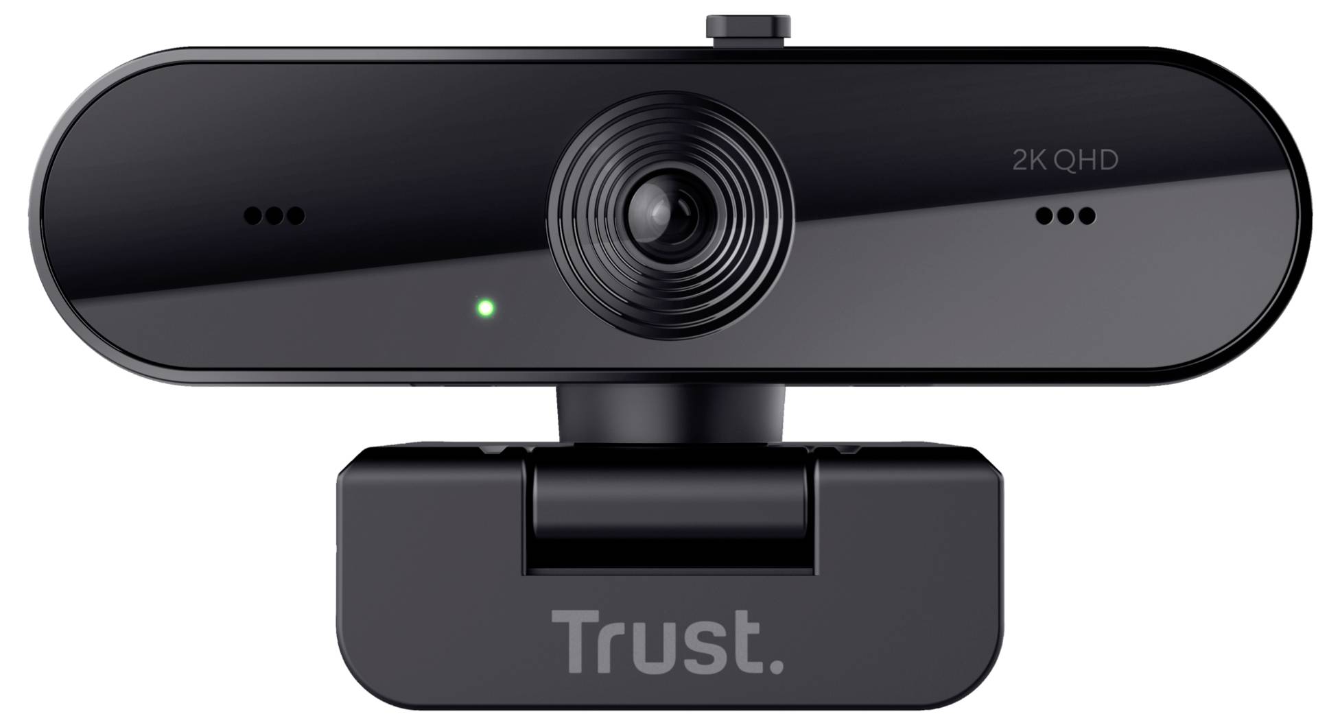 Black webcam with built-in microphone and 2K QHD resolution on an adjustable stand.