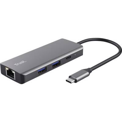 External adapter with Ethernet port, two USB 3.0 ports and a USB-C connection.