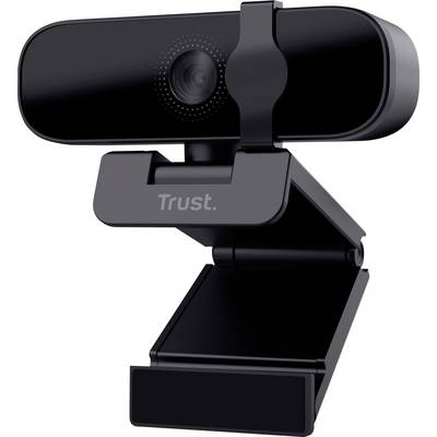 A black webcam with rounded corners, mounted on an adjustable stand.