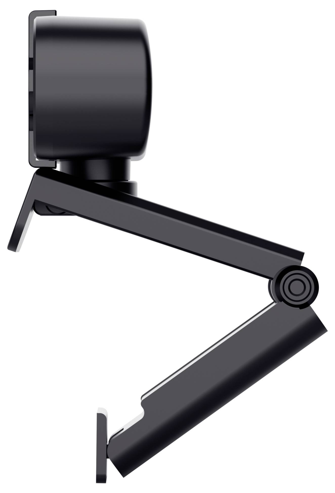 Side view of a black, adjustable webcam mount. The mount features a foldable design with multiple joints.