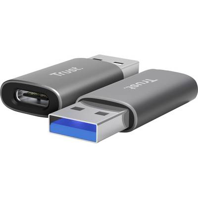 USB-C and USB-A drives from Trust, silver, lying side by side; both marked with logos.
