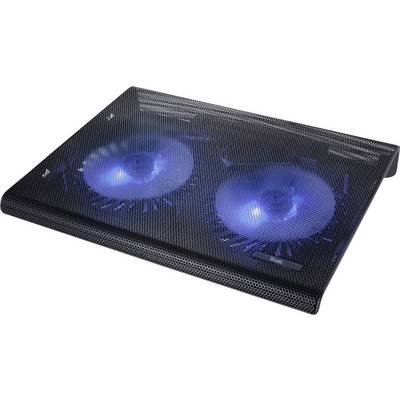 'Black laptop cooler with two illuminated blue fans designed to cool a laptop.'