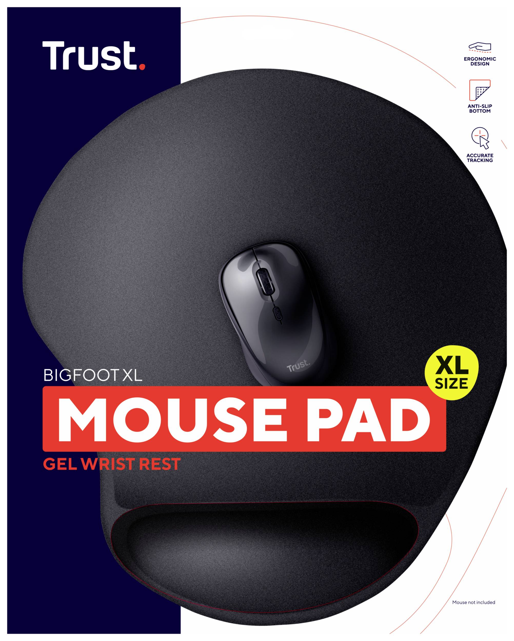 'Mouse mat with wrist rest, BigFoot XL model by Trust. Large black design, ergonomically shaped for comfort during work.'