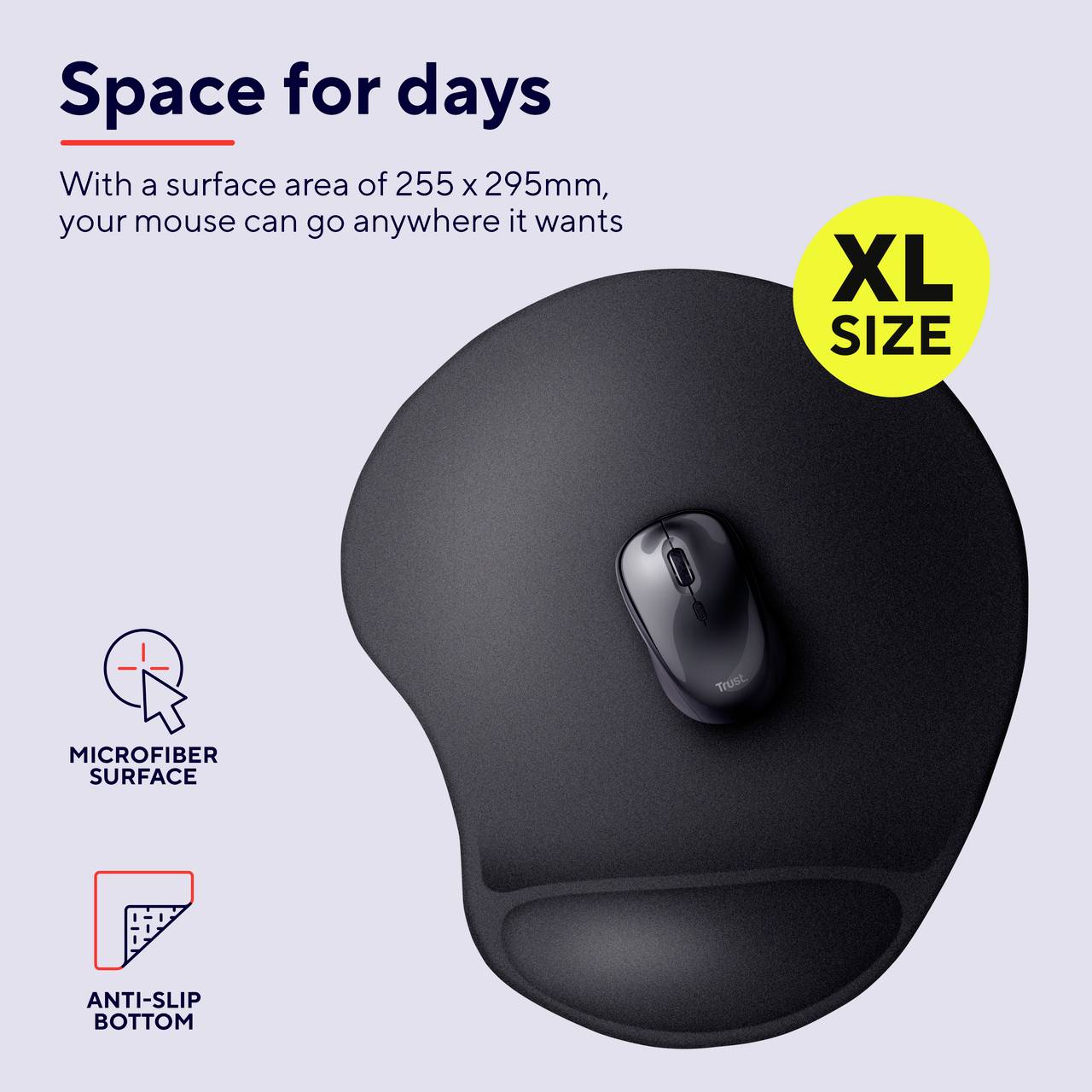 Mousepad with Wrist Rest, grey surface, large size (255 x 295 mm). Main text at the top and additional features described on the right and bottom.