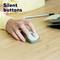 A person is using a quiet, wireless mouse on a wooden table. Next to it are a pen and a notebook. Text: 'Silent buttons'.
